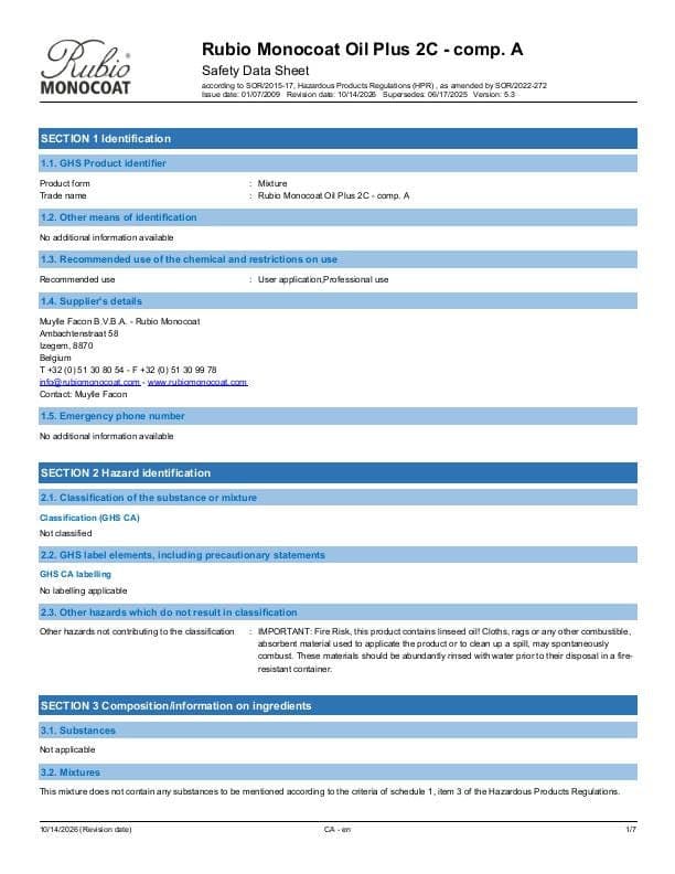 MSDS Oil Plus 2C Comp. A - Canada - EN
