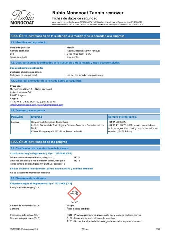 MSDS Tannin Remover - Spain - ES