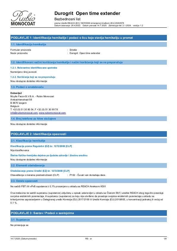 MSDS Open Time Extender - Serbia - SR