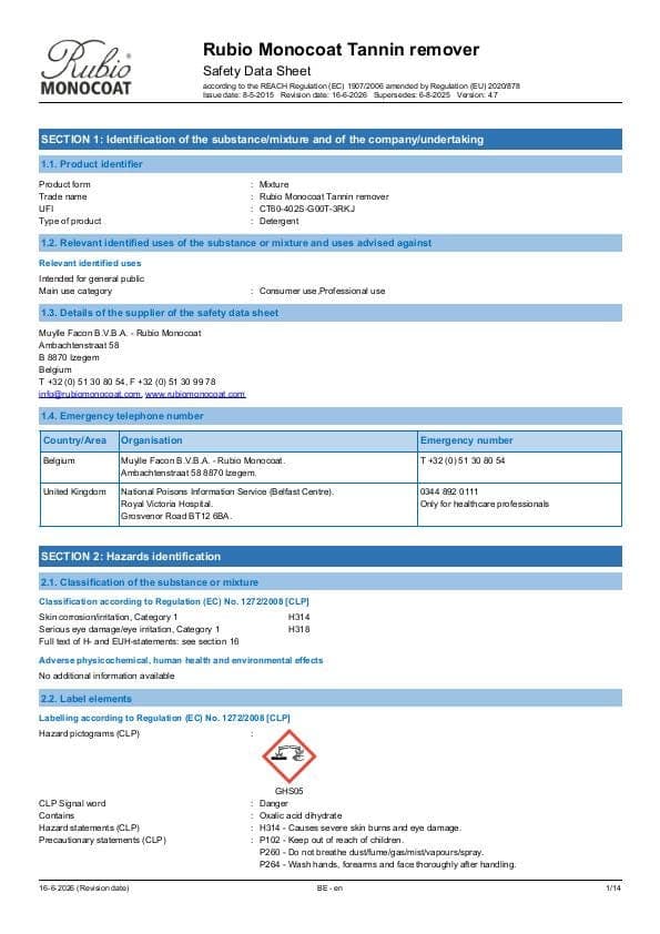 MSDS Tannin Remover - Belgium - EN