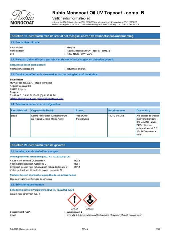 MSDS Oil UV Topcoat Comp. B - Belgium - NL