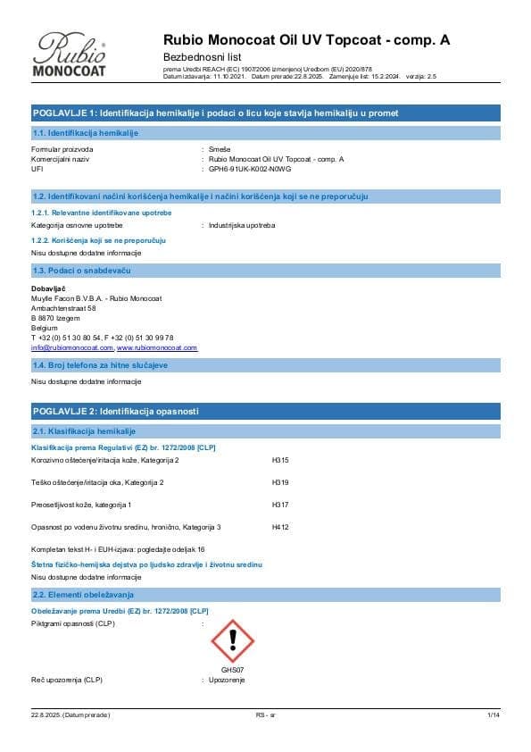 MSDS Oil UV Topcoat Comp. A - Serbia - SR