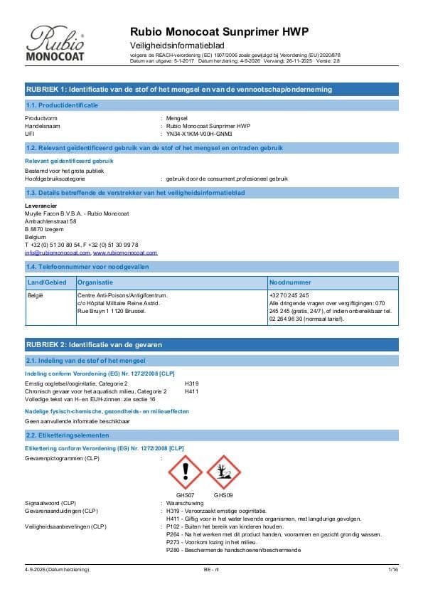 MSDS Sunprimer HWP - Belgium - NL
