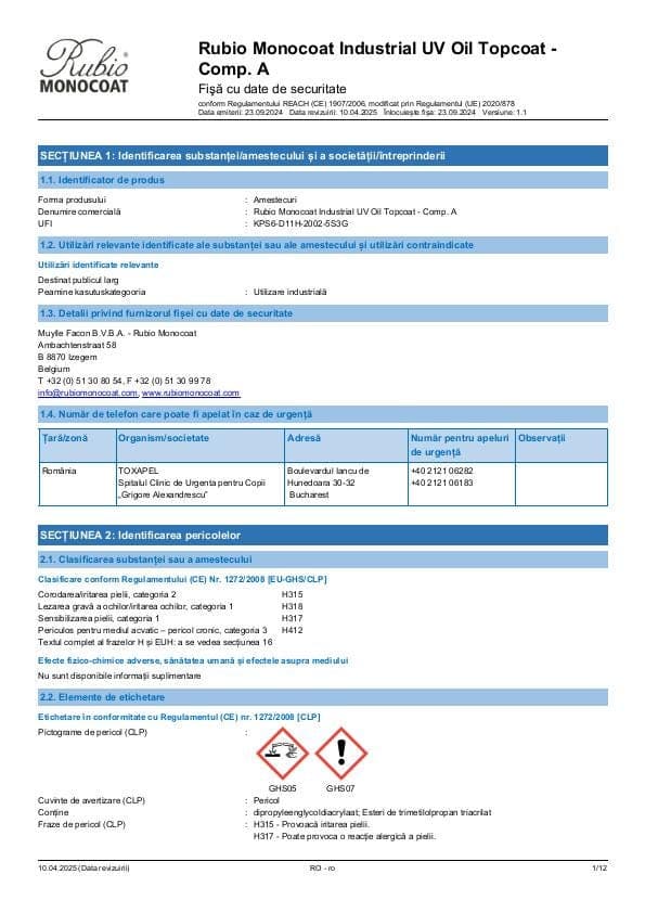 MSDS Oil UV Topcoat Industrial Comp. A - Romania - RO