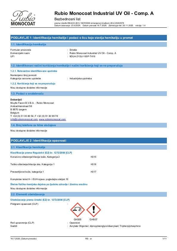 MSDS Industrial UV Oil - Comp A Industrial Comp. A - Serbia - SR