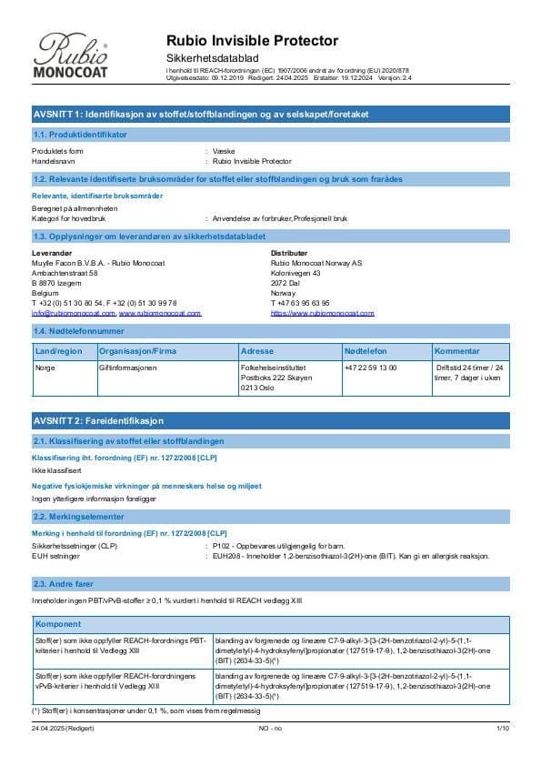 MSDS Invisible Protector - Norway - NO