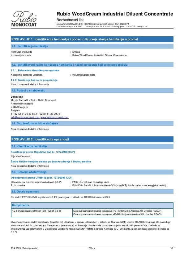 MSDS WoodCream Industrial Diluent Concentrate Industrial - Serbia - SR