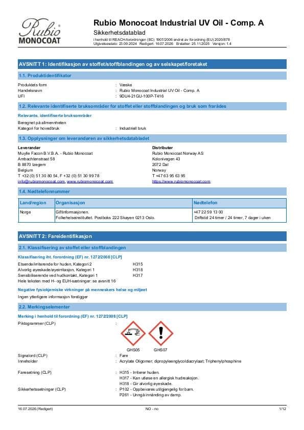 MSDS Industrial UV Oil - Comp A Industrial Comp. A - Norway - NO
