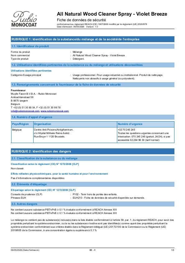 MSDS All Natural Wood Cleaner Spray - Belgium - FR