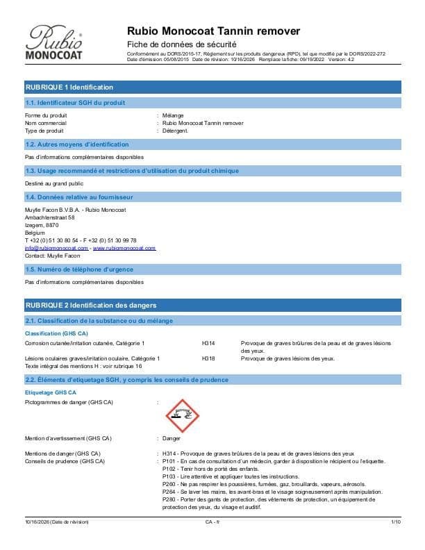 MSDS Tannin Remover - Canada - FR
