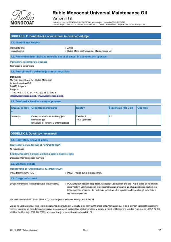 MSDS Universal Maintenance Oil - Slovenia - SL