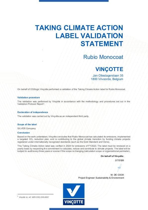 Certification of The Taking Climate Action label from CO2logic - Rubio Monocoat