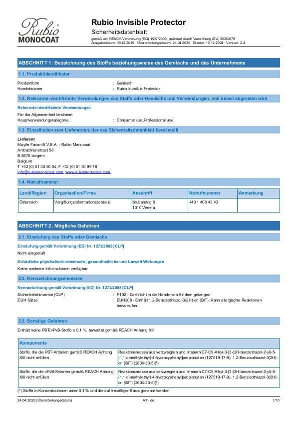 MSDS Invisible Protector - Austria - DE