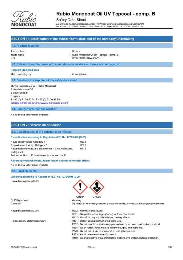 MSDS Oil UV Topcoat Comp. B - EU - EN