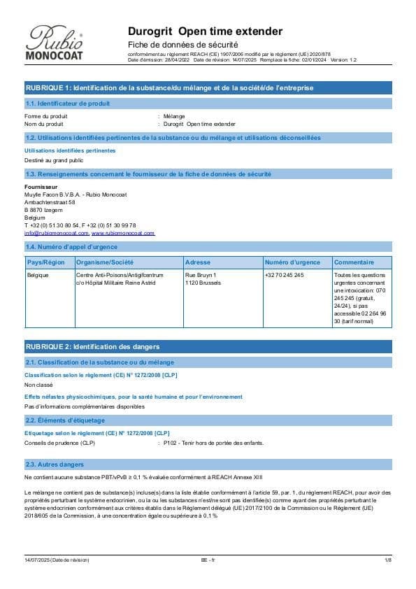 MSDS Open Time Extender - Belgium - FR