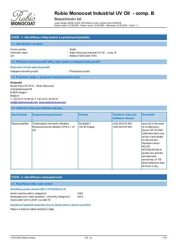 MSDS Industrial UV Oil - Comp B Industrial Comp. B - Czech Republic - CS