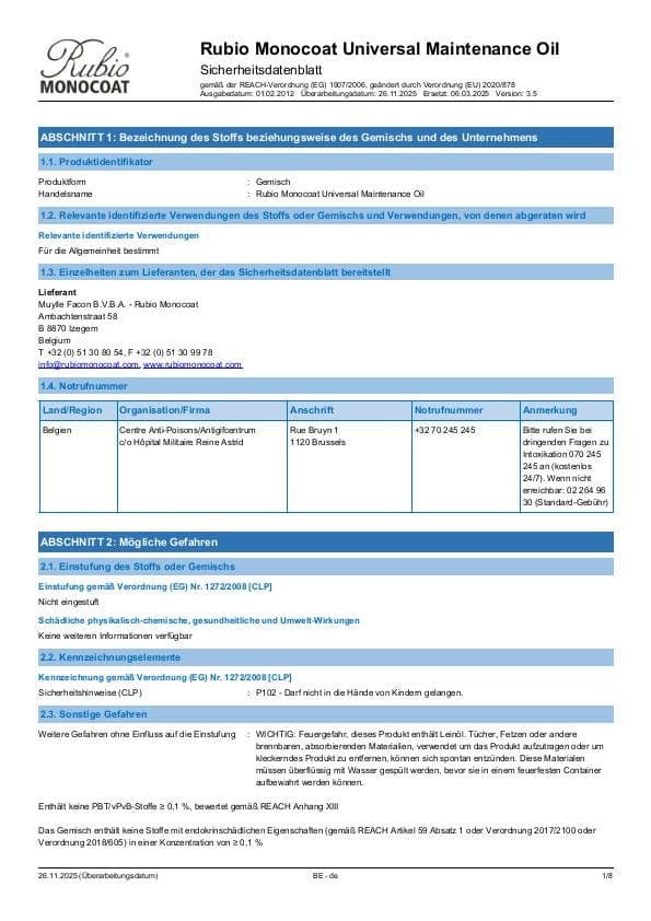 MSDS Universal Maintenance Oil - Belgium - DE