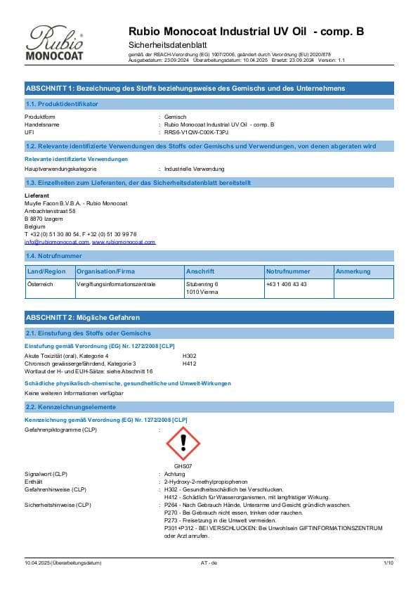 MSDS Industrial UV Oil - Comp B Industrial Comp. B - Austria - DE
