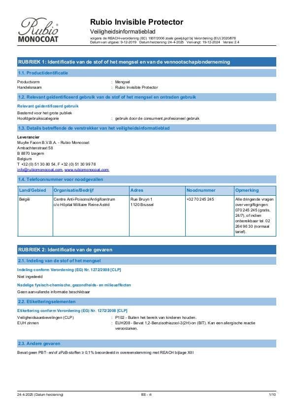 MSDS Invisible Protector - Belgium - NL
