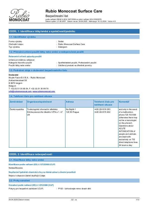 MSDS Surface Care - Czech Republic - CS