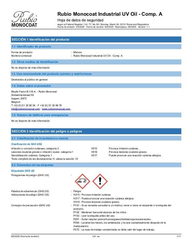 MSDS Industrial UV Oil - Comp A Industrial Comp. A - USA - ES_MX