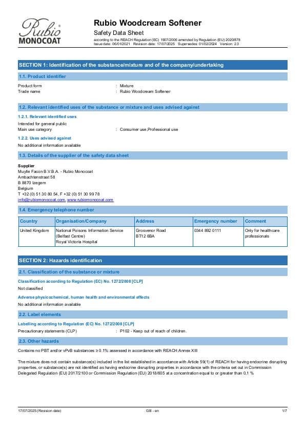 MSDS WoodCream Softener - United Kingdom - EN