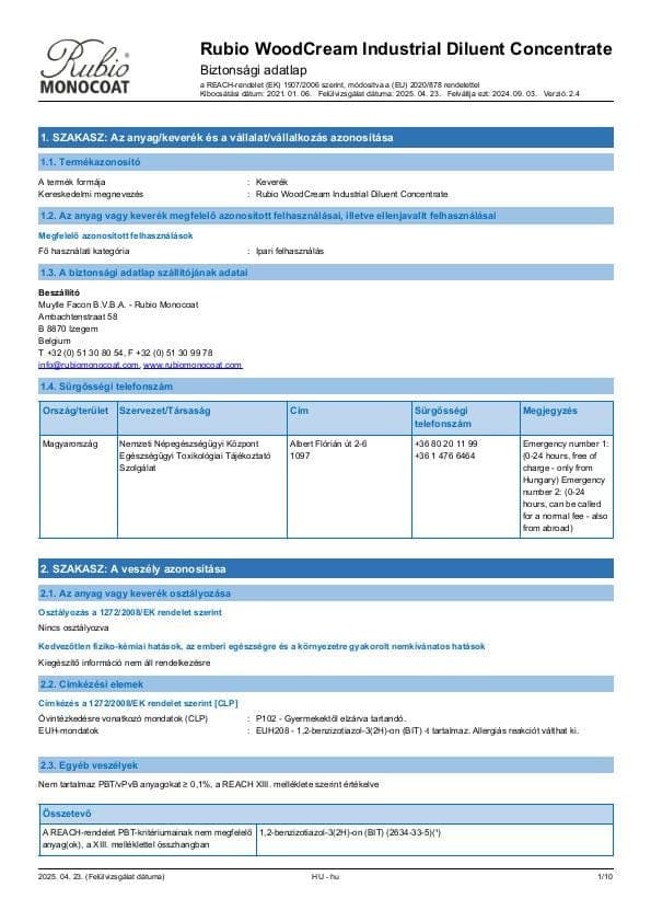 MSDS WoodCream Industrial Diluent Concentrate Industrial - Hungary - HU