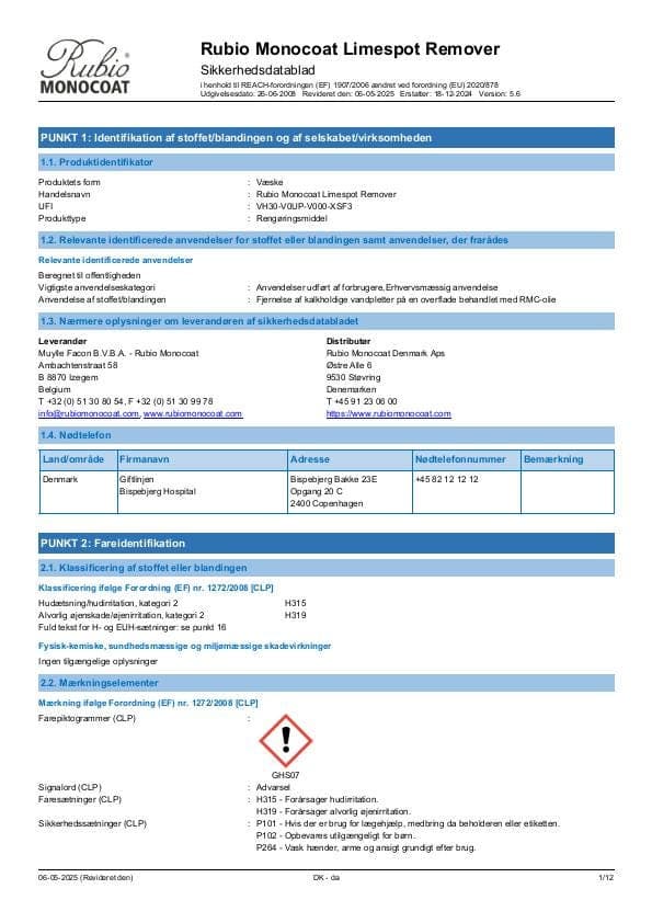 MSDS Limespot Remover - Denmark - DA