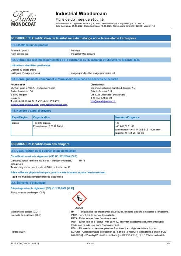 MSDS Industrial WoodCream Industrial - Switzerland - FR