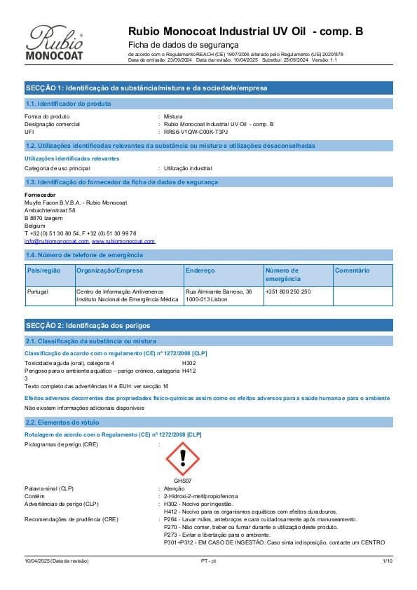 MSDS Industrial UV Oil - Comp B Industrial Comp. B - Portugal - PT