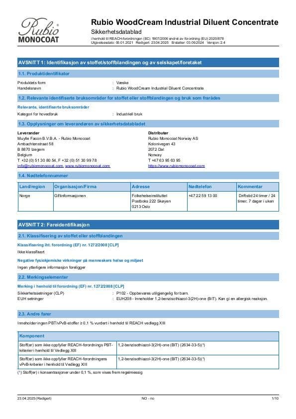 MSDS WoodCream Industrial Diluent Concentrate Industrial - Norway - NO