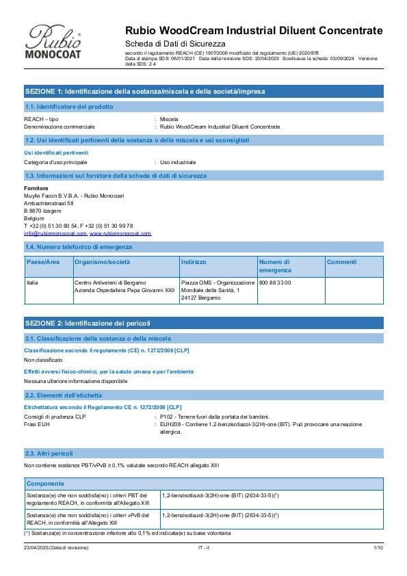 MSDS WoodCream Industrial Diluent Concentrate Industrial - Italy - IT