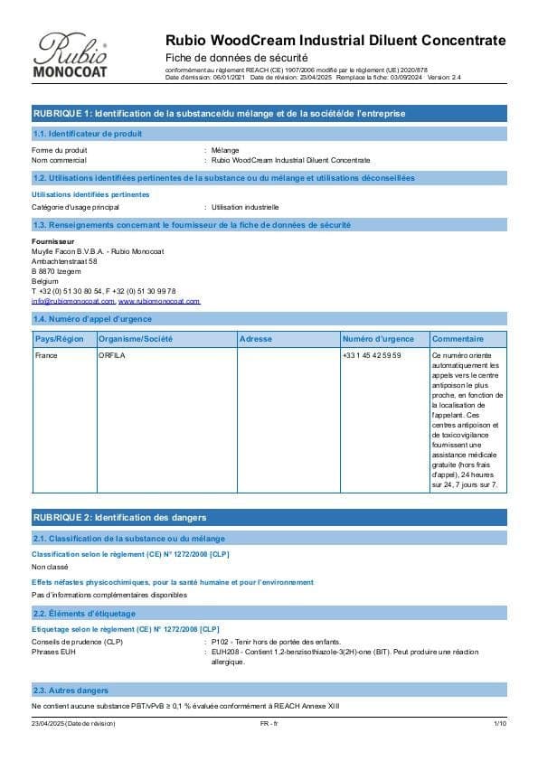 MSDS WoodCream Industrial Diluent Concentrate Industrial - France - FR
