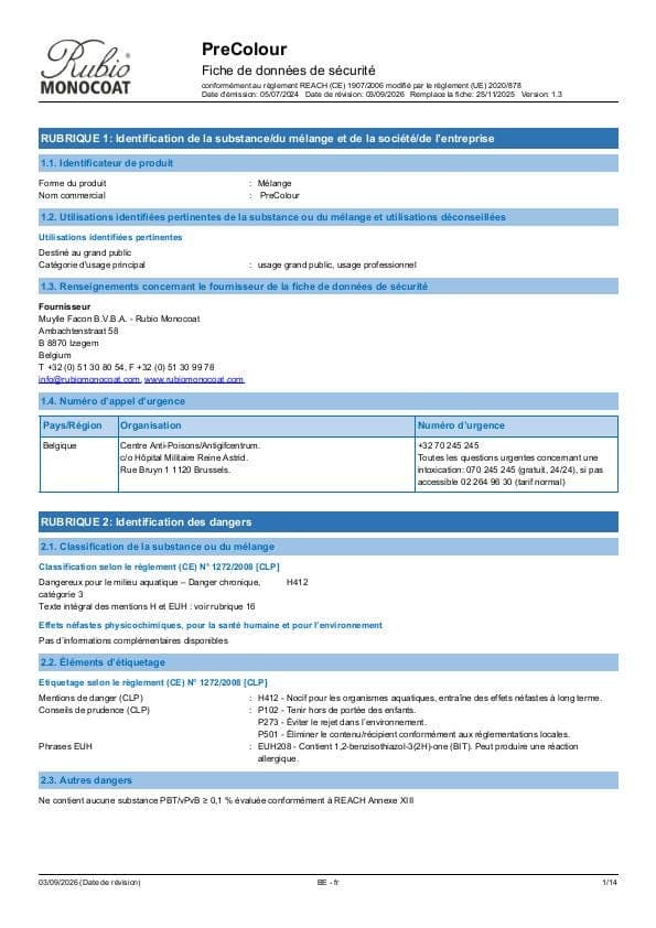 MSDS PreColour - Belgium - FR