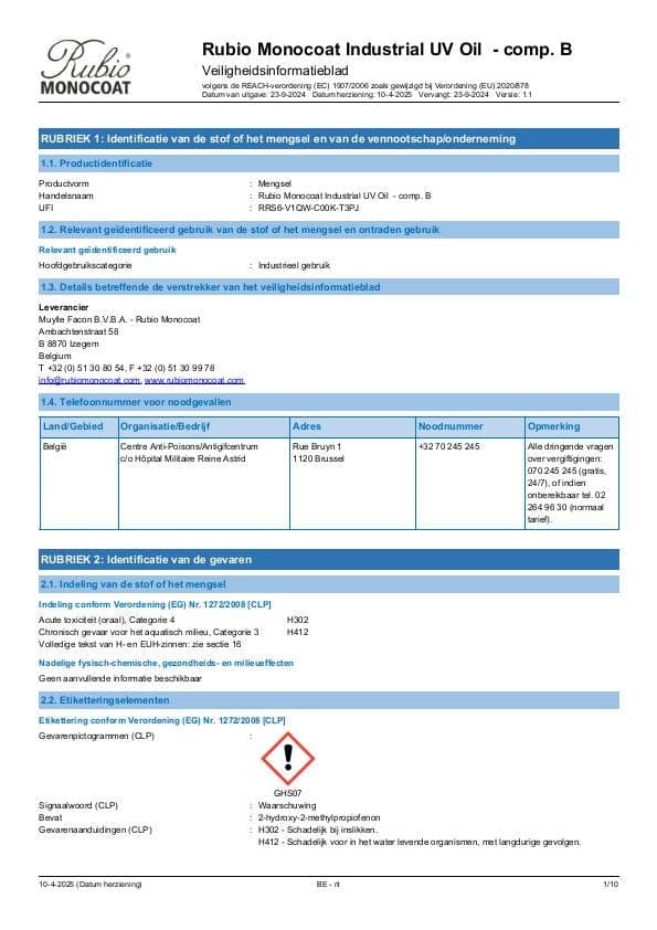 MSDS Industrial UV Oil - Comp B Industrial Comp. B - Belgium - NL