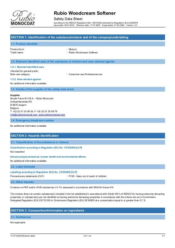 MSDS WoodCream Softener - Switzerland - EN