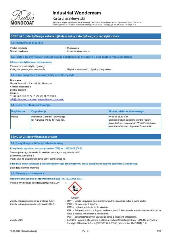 MSDS Industrial WoodCream Industrial - Poland - PL