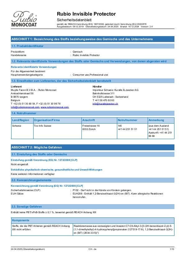 MSDS Invisible Protector - Switzerland - DE
