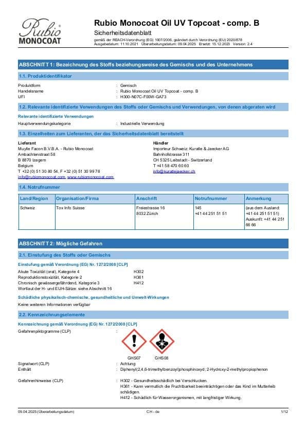MSDS Oil UV Topcoat Comp. B - Switzerland - DE