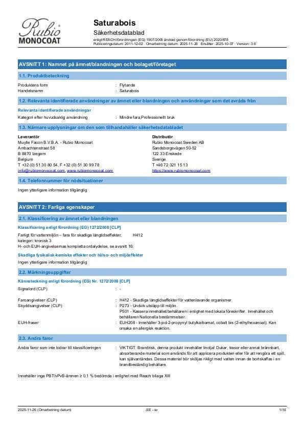 MSDS Saturabois - Sweden - SV