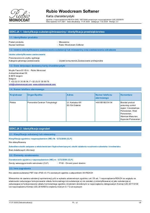 MSDS WoodCream Softener - Poland - PL
