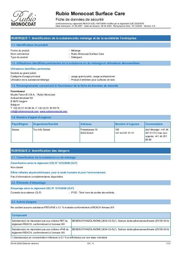 MSDS Surface Care - Switzerland - FR