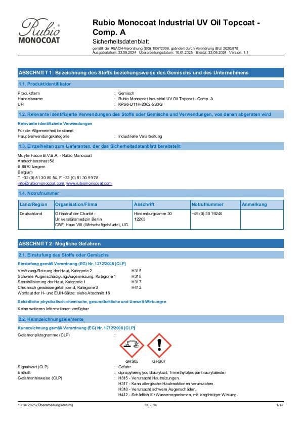 MSDS Oil UV Topcoat Industrial Comp. A - Germany - DE