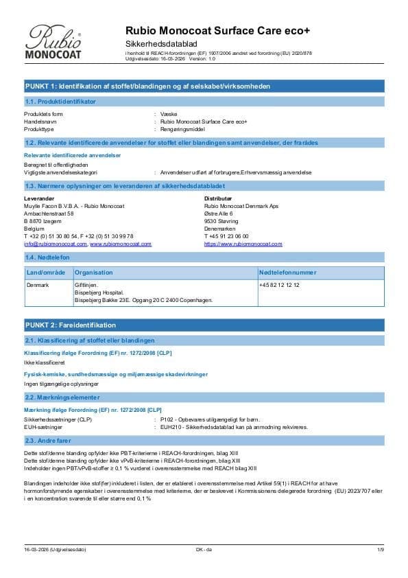 MSDS Surface Care Eco+ - Denmark - DA