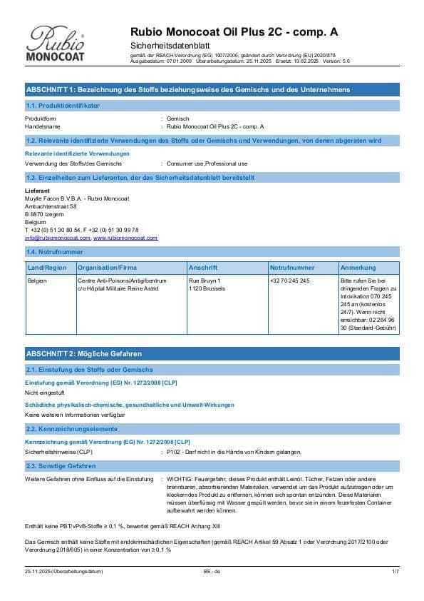 MSDS Oil Plus 2C Comp. A - Belgium - DE