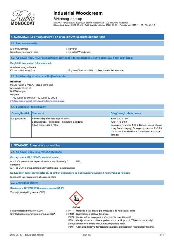 MSDS Industrial WoodCream Industrial - Hungary - HU