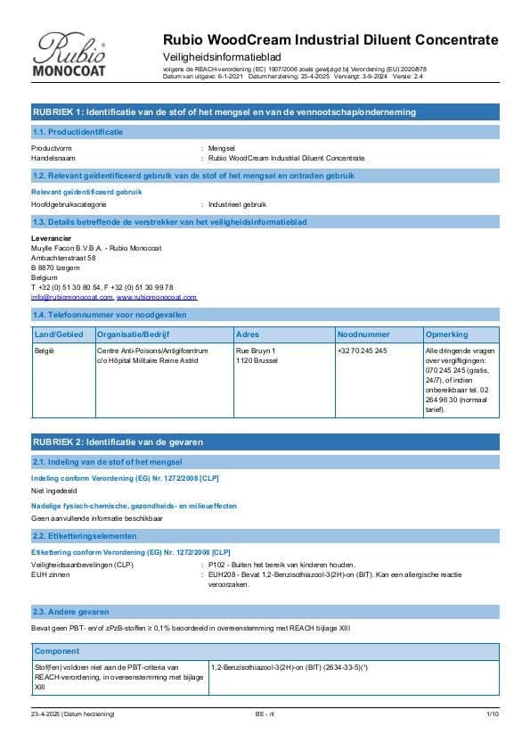 MSDS WoodCream Industrial Diluent Concentrate Industrial - Belgium - NL