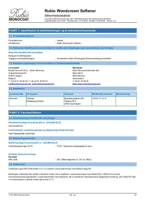 MSDS WoodCream Softener - Denmark - DA