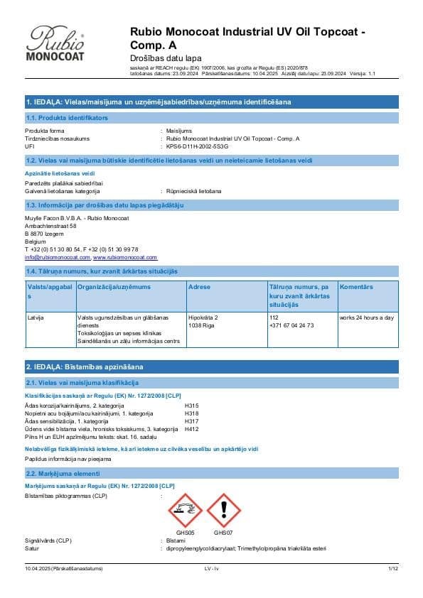 MSDS Oil UV Topcoat Industrial Comp. A - Latvia - LV