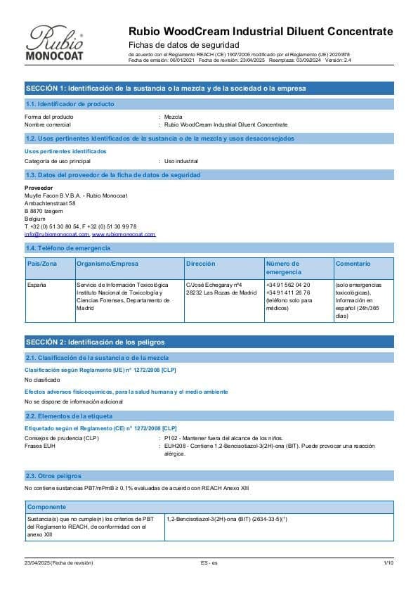 MSDS WoodCream Industrial Diluent Concentrate Industrial - Spain - ES